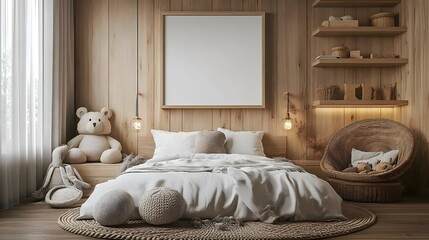 Poster - Childrens room a white mock up frame close up hanging above a wooden bed Wooden shelves and neutral tones add a peaceful touch to this natural and modern 3D render