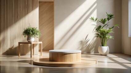 Poster - A Minimalist Round Wooden Platform with a White Top in a Room with Natural Light and Greenery