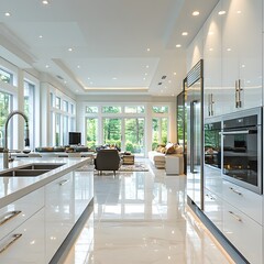 Poster - Closeup angle focusing the luxurious details of a white kitchen with modern appliances flowing into a bright dining room and living area with large windows enhancing the airy feel of the space