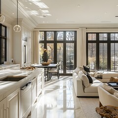 Poster - Closeup angle focusing the luxurious details of a white kitchen with modern appliances flowing into a bright dining room and living area with large windows enhancing the airy feel of the space