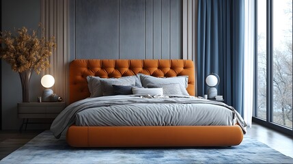 Poster - closeup of bedroom corner with a large orange bed beige and grey bedding blue curtain vase with drie