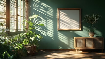 Poster - Closeup of dark green wall home interior Mockup frame resting on a polished wooden commode Subtle shadows create depth Warm and cozy 3D render capturing modern elegance