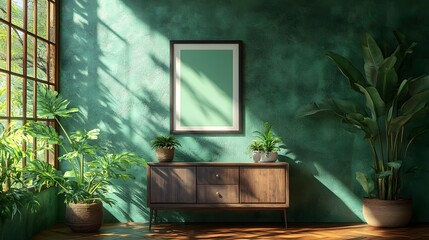 Poster - Closeup of dark green wall home interior Mockup frame resting on a polished wooden commode Subtle shadows create depth Warm and cozy 3D render capturing modern elegance