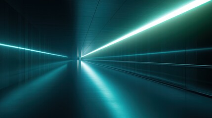 Futuristic teal corridor glows, reflective floor, dark background, sci-fi setting