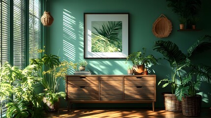 Aufkleber - Closeup of dark green wall home interior Mockup frame resting on a polished wooden commode Subtle shadows create depth Warm and cozy 3D render capturing modern elegance