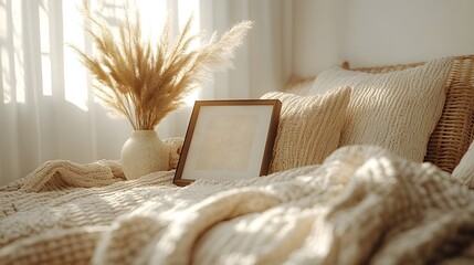 Poster - Closeup of frame mockup placed against a light background in a cozy nomadic home bedroom interior viewed from a low angle capturing the layered bedding and eclectic decor details in this 3D render