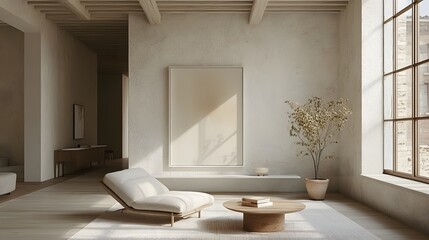 Fototapete - Closeup of mockup white poster frame viewed from a frontal angle with a light background emphasizing the contrast between the frame and the subtle tones creating an inviting ambiance in this 3D render