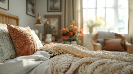 Poster - Closeup of frame mockup placed against a light background in a cozy nomadic home bedroom interior viewed from a low angle capturing the layered bedding and eclectic decor details in this 3D render