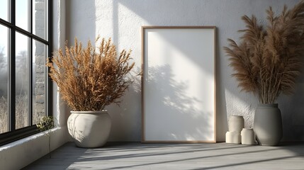 Poster - Closeup of mockup white poster frame viewed from a frontal angle with a light background emphasizing the contrast between the frame and the subtle tones creating an inviting ambiance in this 3D render