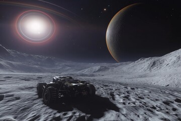 Poster - A colossal ringed planet in the distance, seen from the surface of a moon