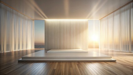 Poster - Minimalist Room with White Curtains and a Wooden Floor with a Stage Platform in the Center