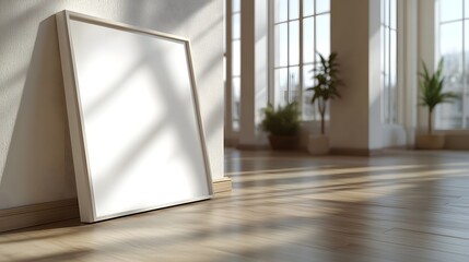Fototapete - Closeup of mockup white poster frame viewed from a frontal angle with a light background emphasizing the contrast between the frame and the subtle tones creating an inviting ambiance in this 3D render