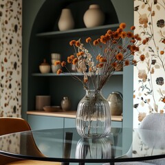 Poster - Closeup of modern dining room's round glass table stylish chair green kitchen shelf in the background accompanied by a vase of dried flowers and patterned wallpaper adding charm Home decor template