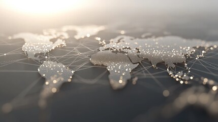 Global network connection map, sunrise, data flow, worldwide communication