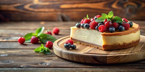Poster - A slice of cheesecake topped with fresh blueberries and raspberries, on a wooden cutting board, with a wooden background and scattered berries and mint leaves.