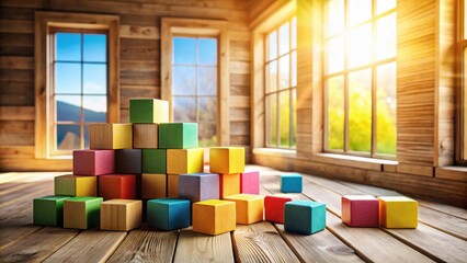 Poster - A colorful pyramid of wooden blocks sits on a hardwood floor in a room with large windows and bright sunlight streaming in.