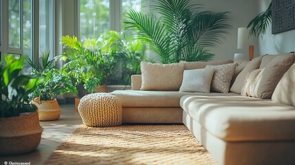 Poster - Closeup of neutraltoned living room decor with a focus on green plants and natural materials viewed from a low angle to accentuate the textures and peaceful ambiance