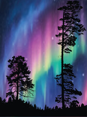 Wall Mural - black trees forest at aurora borealis