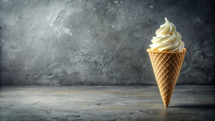 Poster - A Single Scoop of Vanilla Ice Cream in a Waffle Cone,  Placed on a Dark Textured Background.