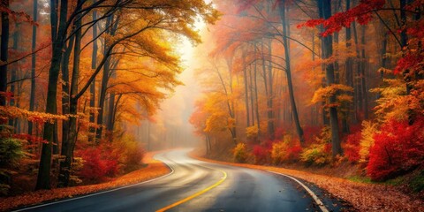 Poster - A winding road through a vibrant forest, bathed in the warm glow of autumnal sunlight, with mist weaving through the colorful leaves.