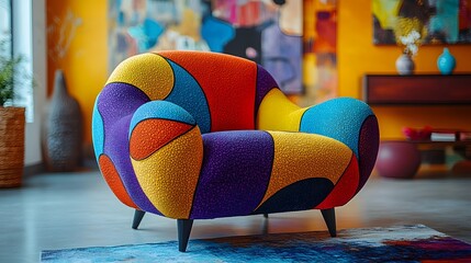 Poster - Closeup perspective of colorful Memphis design armchair against a bright backdrop with a chic console and artistic props showcasing the unique textures and playful aesthetics of this interior concept