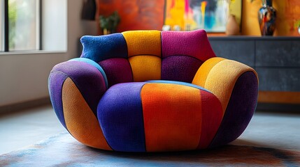 Poster - Closeup perspective of colorful Memphis design armchair against a bright backdrop with a chic console and artistic props showcasing the unique textures and playful aesthetics of this interior concept