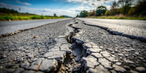 Aufkleber - A close-up view of a cracked asphalt road with a shallow depth of field, revealing the textured surface and the depth of the cracks