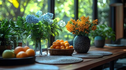 Poster - Closeup shot of terrace interior with a decorative table set fresh fruits a vase of flowers and a backdrop of greenery visible through a large window enhancing the aesthetic appeal Template