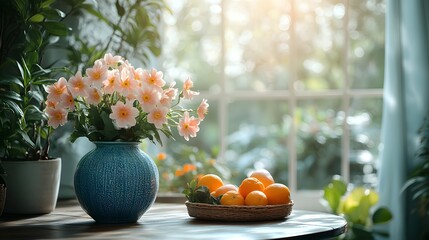 Poster - closeup shot of terrace interior with a decorative table set fresh fruits a vase of flowers and a ba