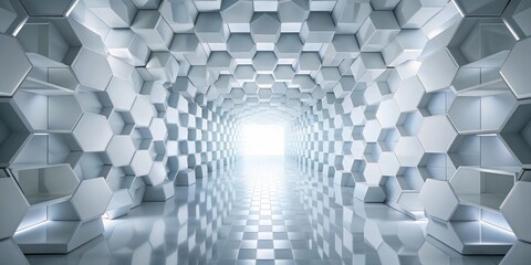 Poster - Abstract futuristic tunnel made of white hexagonal panels with a glowing light at the end of the hallway