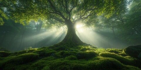 Poster - Majestic Ancient Trees Towering Into the Sky with Sprawling Roots and Dappled Light Filtering Through Lush Greenery in a Serene Forest Setting