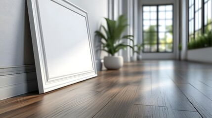 Fototapete - Closeup shot of white poster frame mockup captured from a side angle with a gentle light background enhancing the clean lines and minimalist aesthetic creating a modern atmosphere in this 3D render