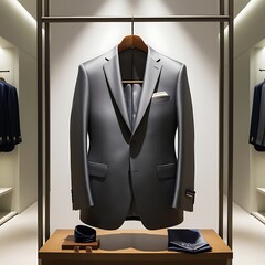 Well-pressed grey suit hung neatly on a wooden hanger, displayed in the center of a clean, contemporary store. The hanger is positioned on a stylish metal rod, with ambient lighting.