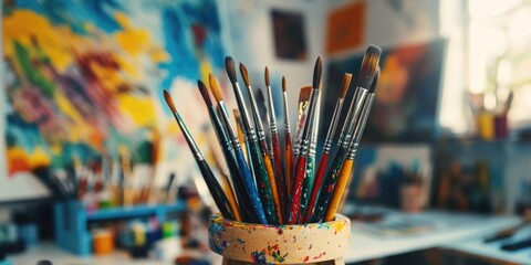 Leinwandbilder - A cup filled with paint brushes sits on a table, ready for creative work