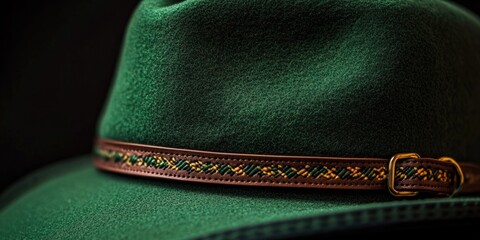 Poster - A close-up of a green hat with a brown belt wrapped around it, suitable for use in fashion or lifestyle contexts