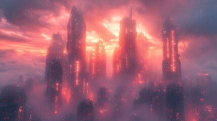 Wall Mural - Futuristic city skyline sunset, clouds, fog, dystopian, artwork