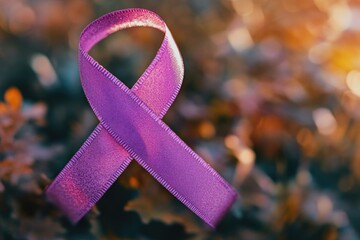 Poster - A close-up view of a purple ribbon tied around a plant stem, with leaves and greenery visible in the background