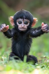 Aufkleber - A small monkey sits atop a vibrant green field, offering a delightful scene for various uses