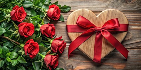 Wall Mural - A red bow-tied ribbon wrapped around a wooden Valentine's Day heart-shaped decoration, surrounded by artificial greenery and red roses, love, holiday accessories