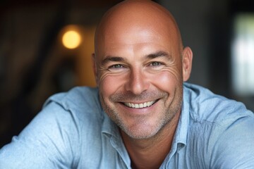 Poster - A person with no hair smiling directly into the camera