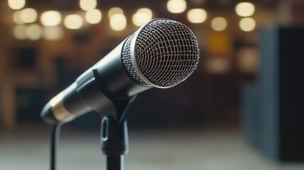 Poster - A close-up of a microphone on a stand with a blurred background, suitable for music or audio-related projects