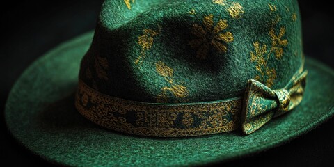Poster - A stylish green hat with a bow attached, set against a dark black background