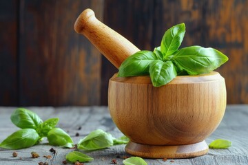 Aufkleber - A mortar and pestle set with fresh basil leaves on a wooden table