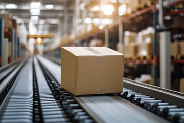 Poster - Box on a moving conveyor belt in a warehouse setting