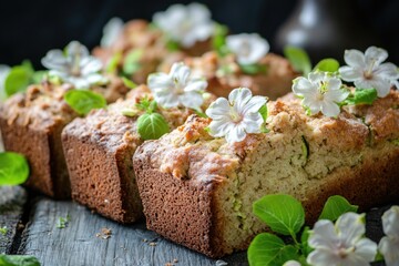 Poster - A warm and inviting freshly baked cake topped with white flowers, perfect for special occasions or everyday treats