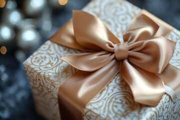 Poster - A beautifully wrapped gift with a large golden bow, perfect for special occasions or as a decoration