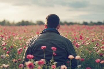 Wall Mural - A man sitting amidst a colorful field of flowers, ideal for outdoor or nature-themed projects