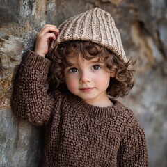 Poster - Young boy with knitted hat against stone wall, possibly waiting or thinking