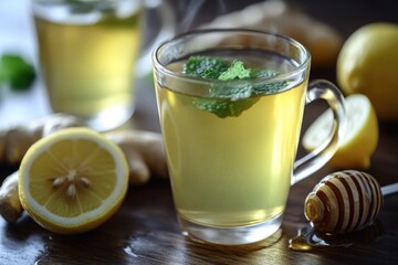 Poster - A warm and inviting beverage preparation scene with lemons, mint, and honey