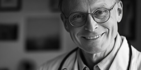 Wall Mural - A black and white photo of a doctor in medical setting, suitable for use in illustrations about medicine, healthcare, and professionals